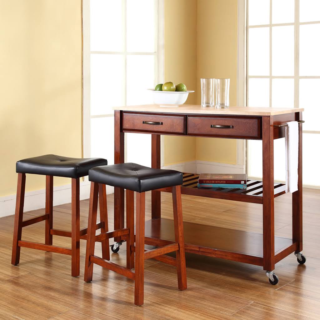 Natural Wood Top Kitchen Cart with 24x22 Saddle Stools S87008