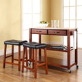Natural Wood Top Kitchen Cart with 24x22 Saddle Stools S87008
