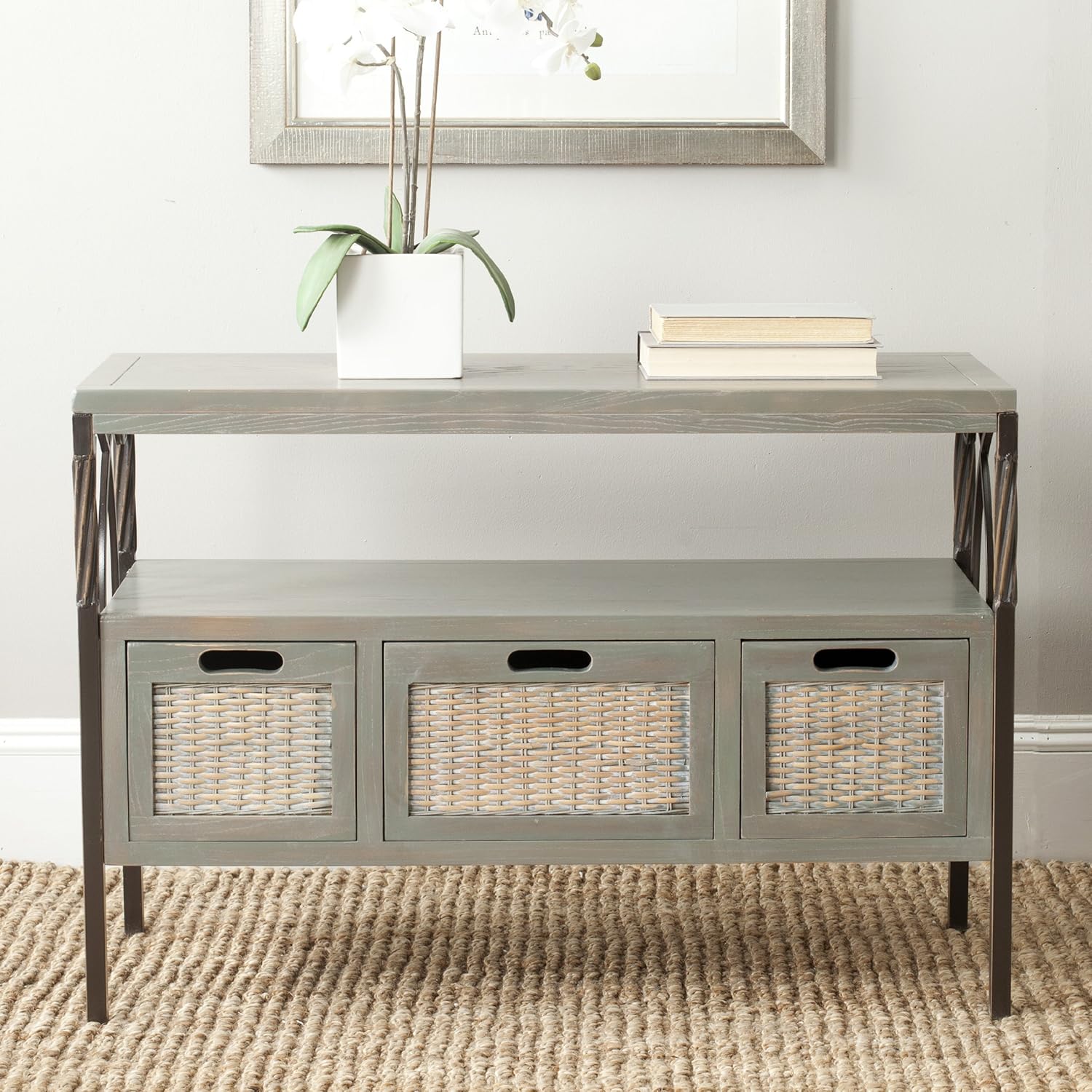 Antique Dark Walnut and Pewter 3-Drawer Console Table Z420428