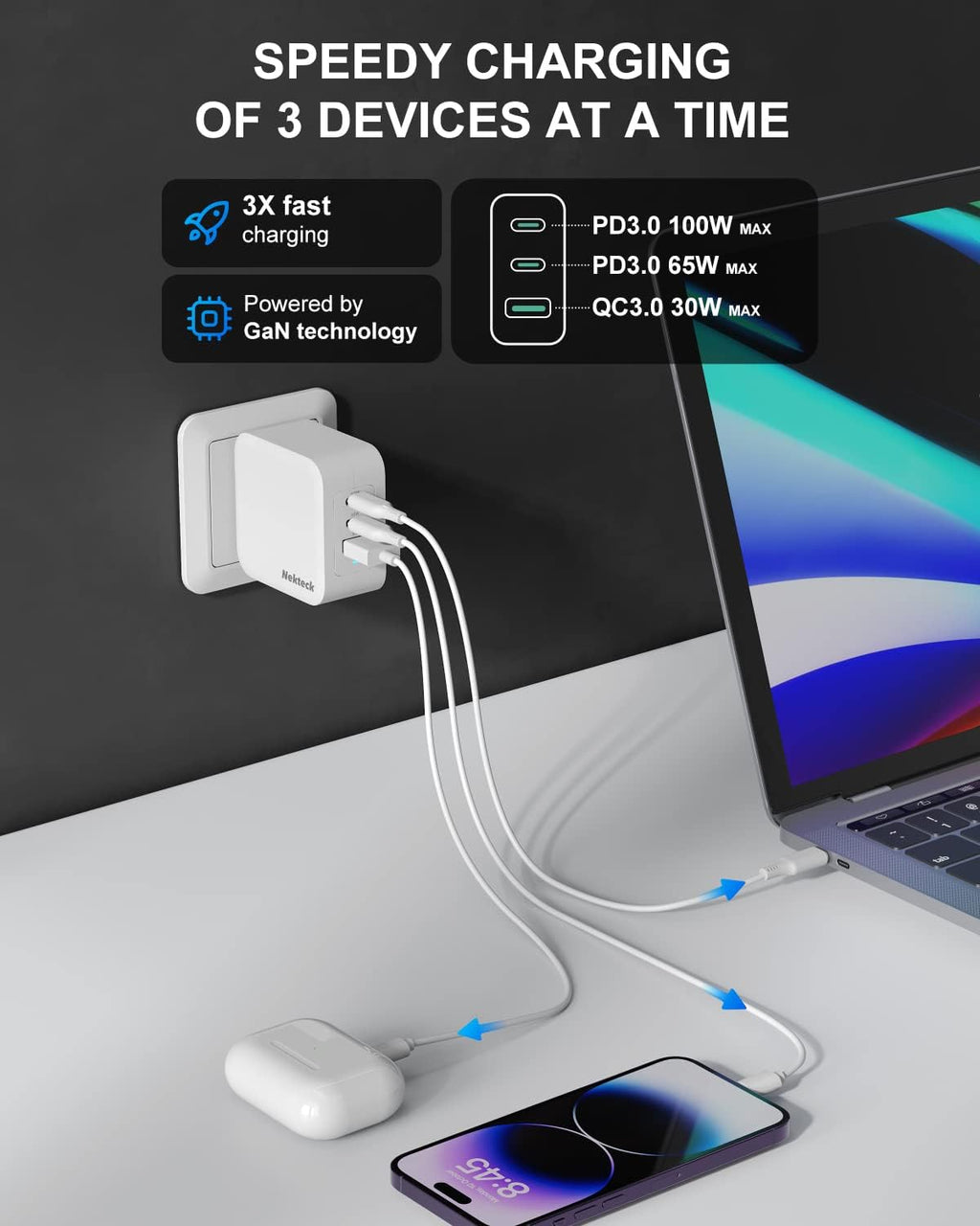 100W USB C GaN Charger 3-Ports L584281
