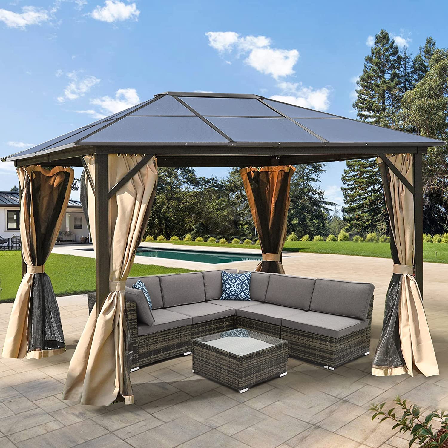 10x12 ft Hardtop Gazebo with Netting and Shaded Curtains, Aluminum Frame Polycarbonate V30078
