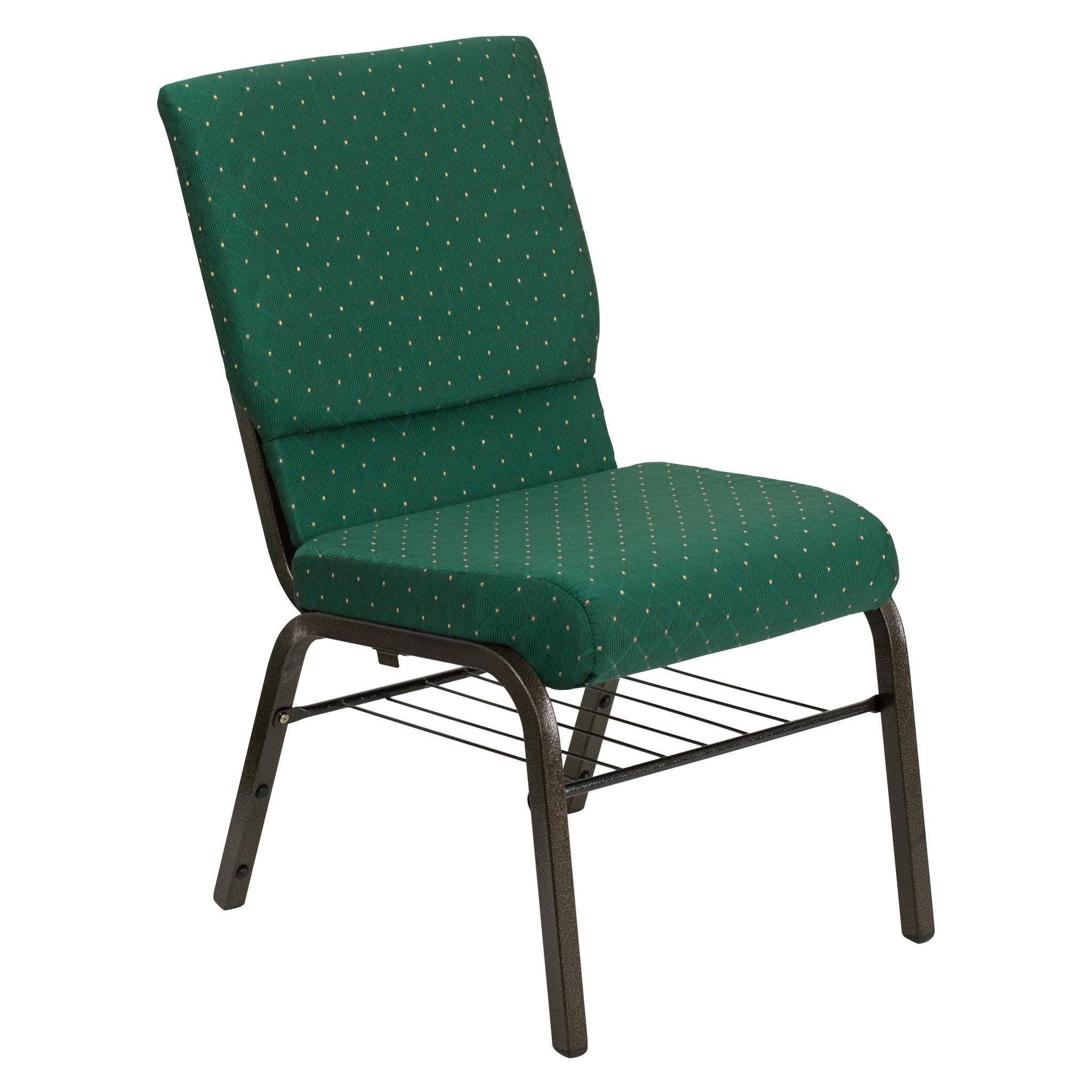 Church Chair with Book Rack Green Patterned Fabric T128264