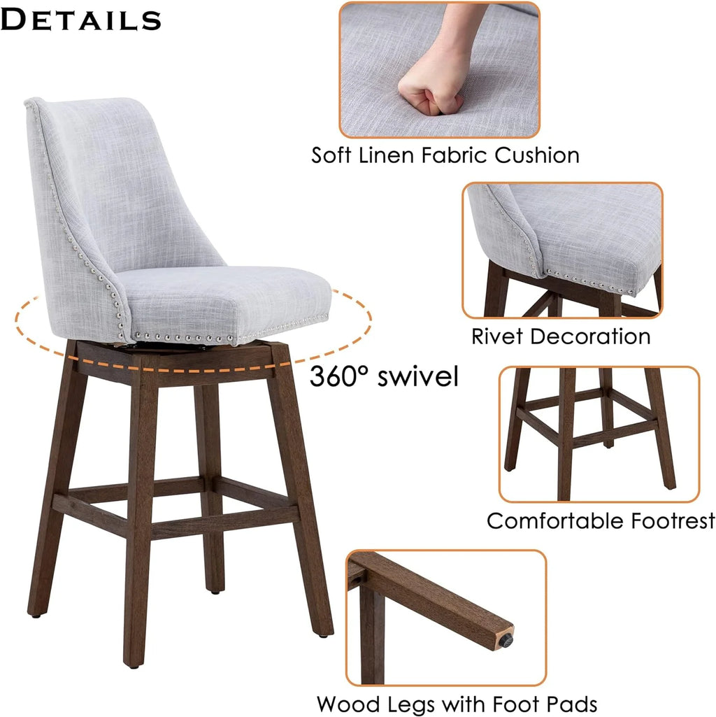 27 inch Swivel Barstools with Wood Legs Linen Fabric Upholstered Grey A174
