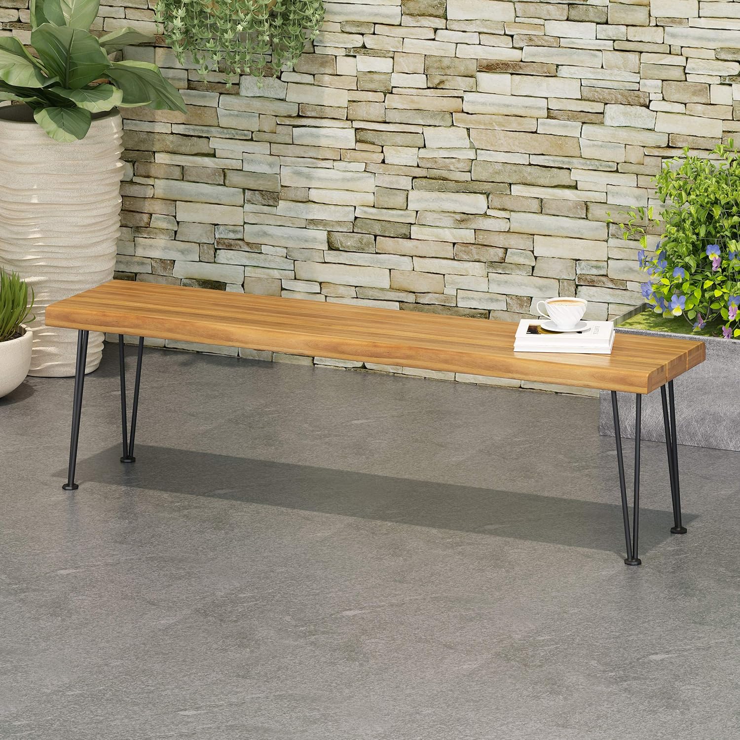 Teak and Rustic Metal Acacia Wood Bench J98580