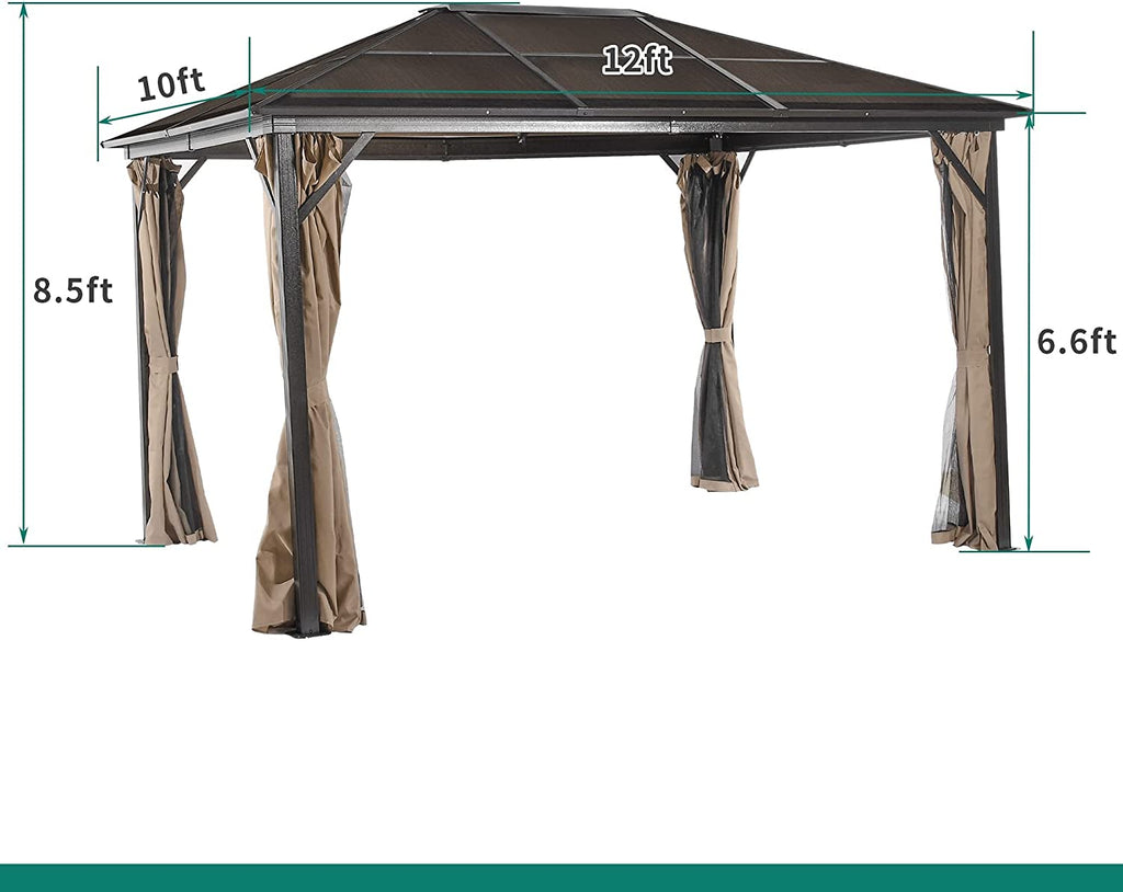 10x12 ft Hardtop Gazebo with Netting and Shaded Curtains, Aluminum Frame Polycarbonate V30078