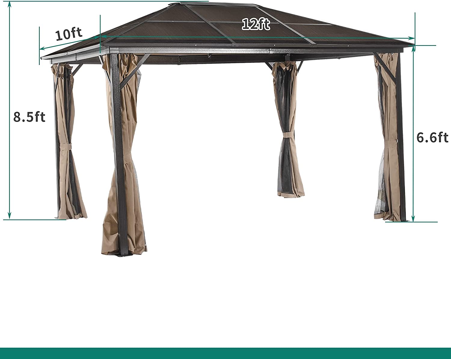 10x12 ft Hardtop Gazebo with Netting and Shaded Curtains, Aluminum Frame Polycarbonate V30078