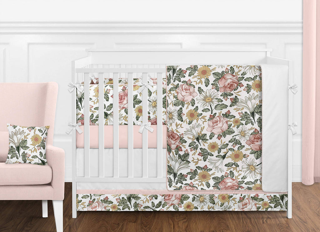 Vintage Floral Boho Baby Girl Nursery Crib Bedding Set with Bumper - 9 Pieces - Blush Pink, Yellow, Green J817