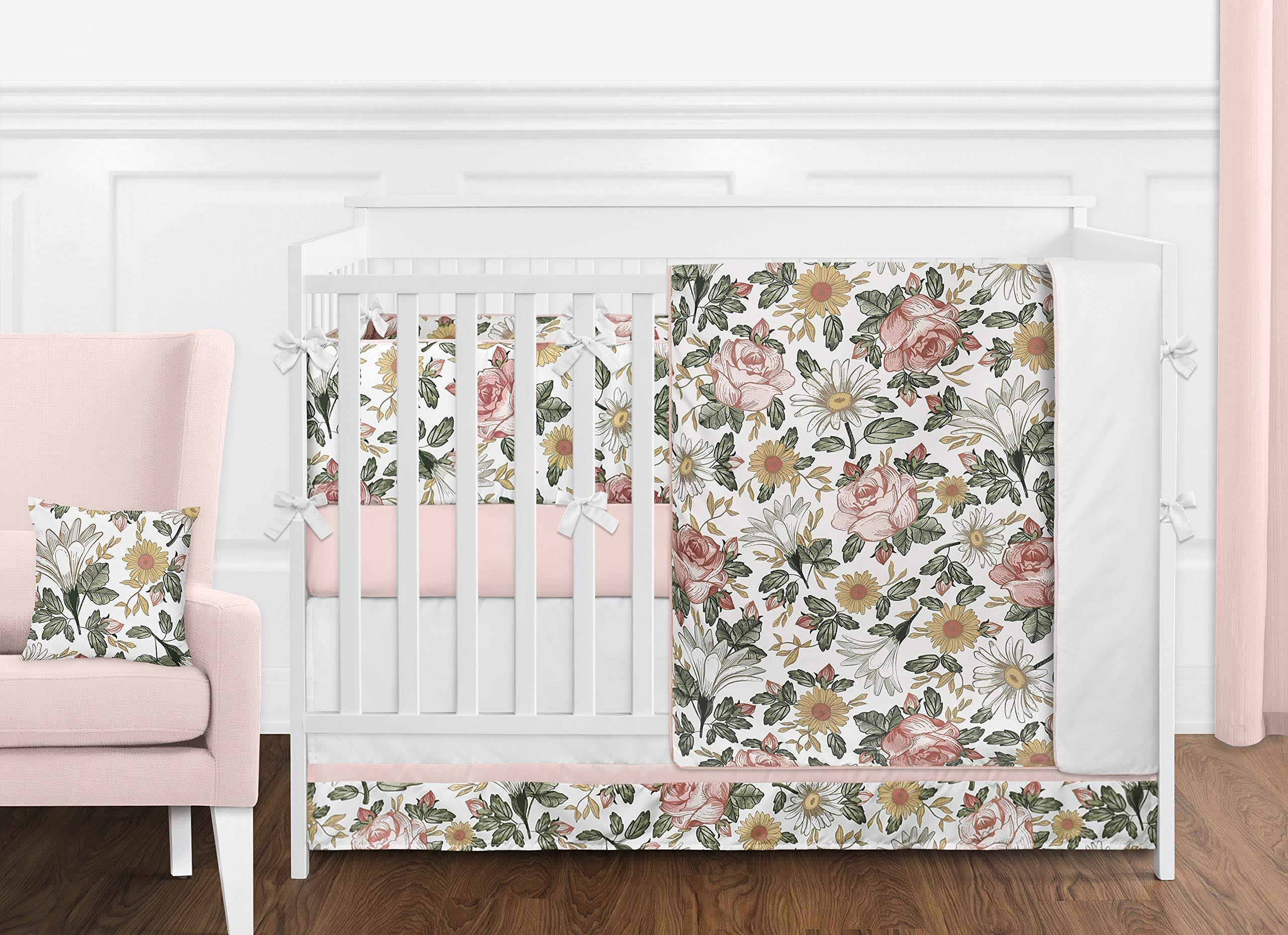 Vintage Floral Boho Baby Girl Nursery Crib Bedding Set with Bumper - 9 Pieces - Blush Pink, Yellow, Green J817