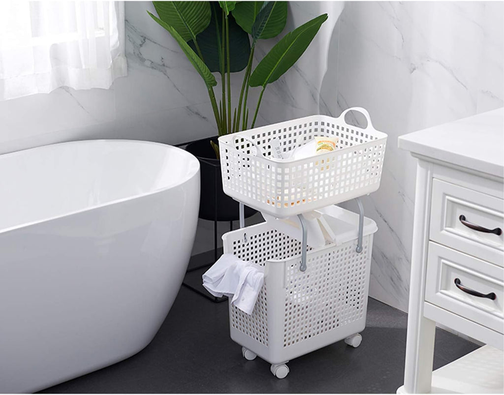 White 2-in-1 Laundry Hamper and Basket Set with Lid and Wheels J36555