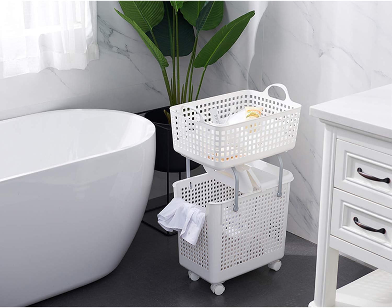 White 2-in-1 Laundry Hamper and Basket Set with Lid and Wheels J36555