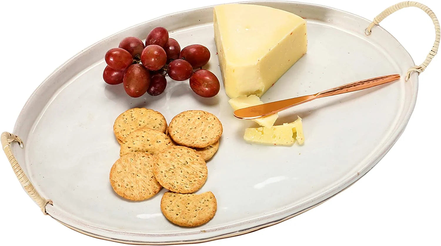 Stoneware Platter with Rattan Wrapped Handles, Reactive Glaze, White & Brown G257170