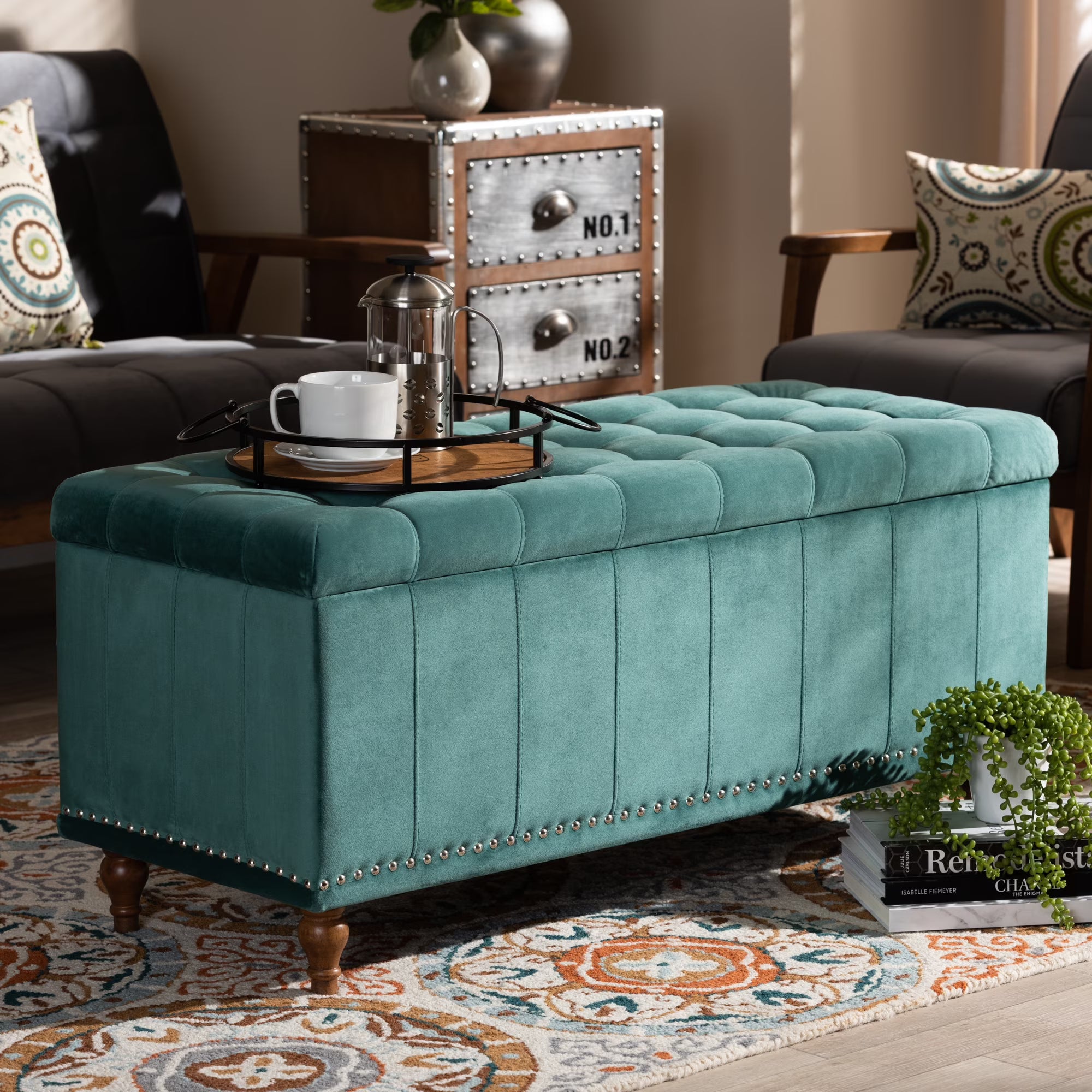 Teal Blue Velvet Button-Tufted Storage Ottoman Bench U5758