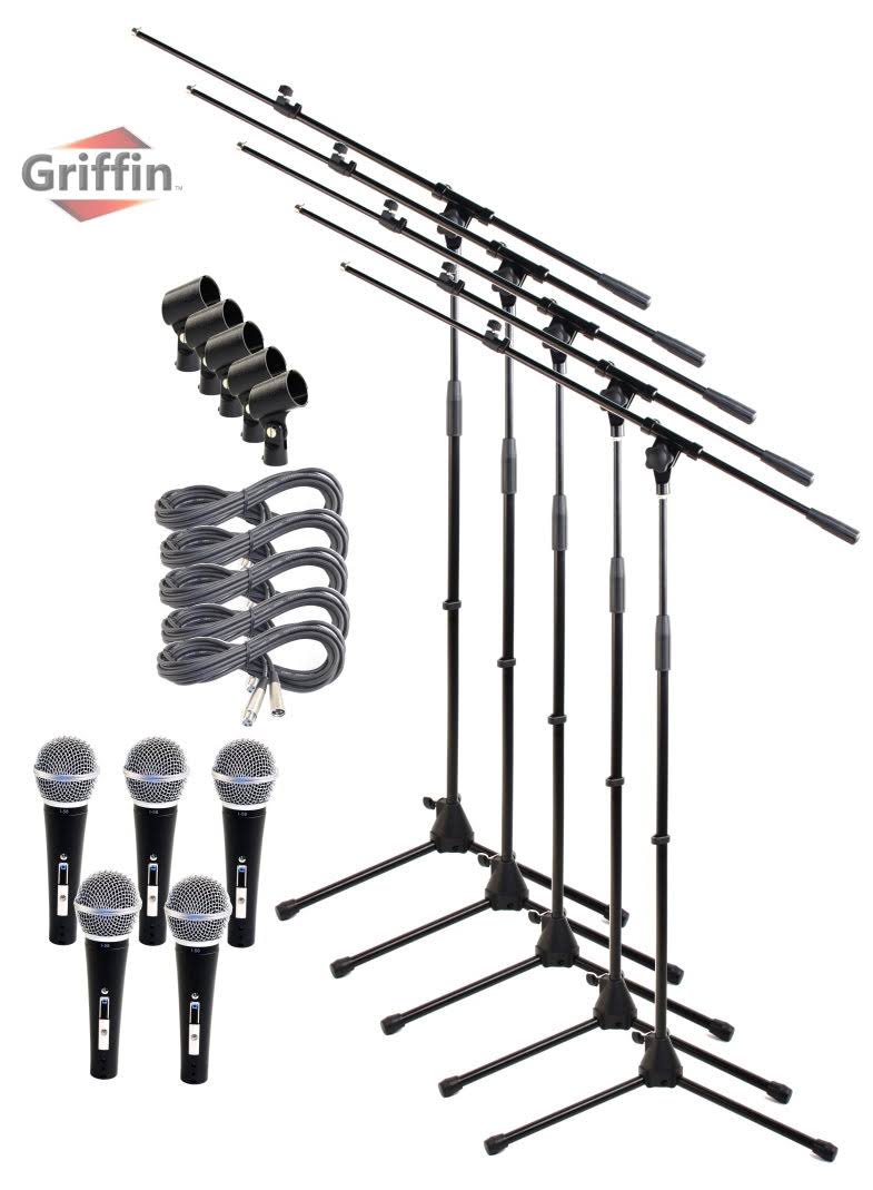 Telescoping Microphone Stand Package with Vocal Unidirectional Mics and XLR Cables (5 Pack) I8065