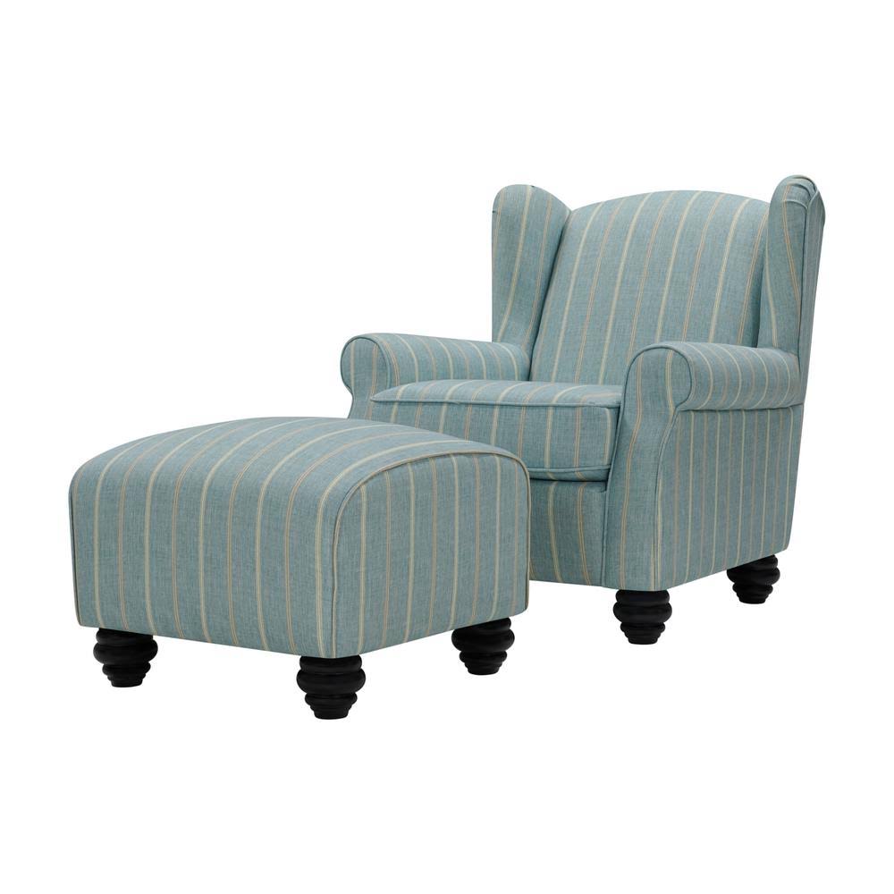 Turquoise and Tan Striped Fabric Wingback Chair and Ottoman Set O95931