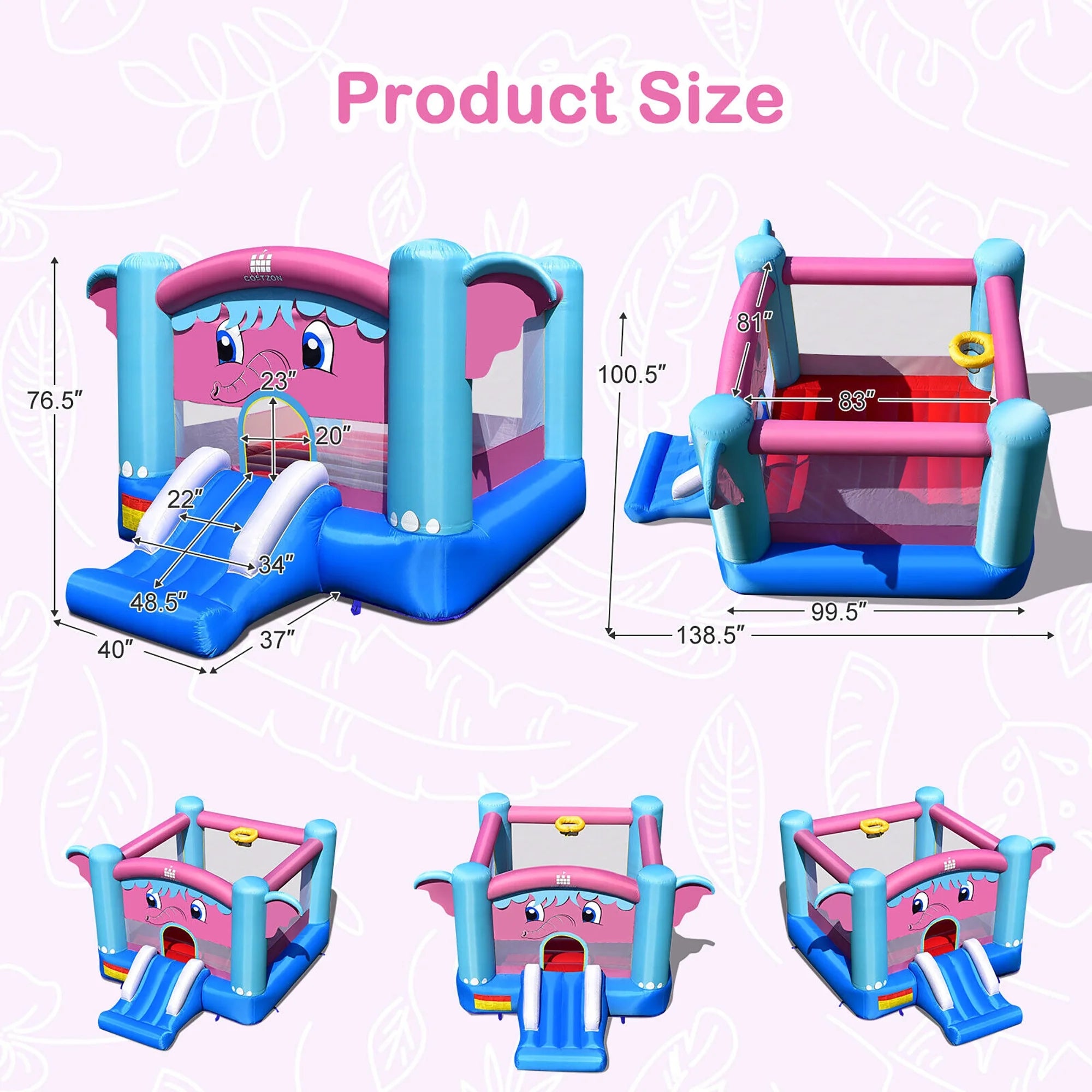Inflatable Bounce House 3-in-1 Elephant Theme Castle with 550W Blower N3704
