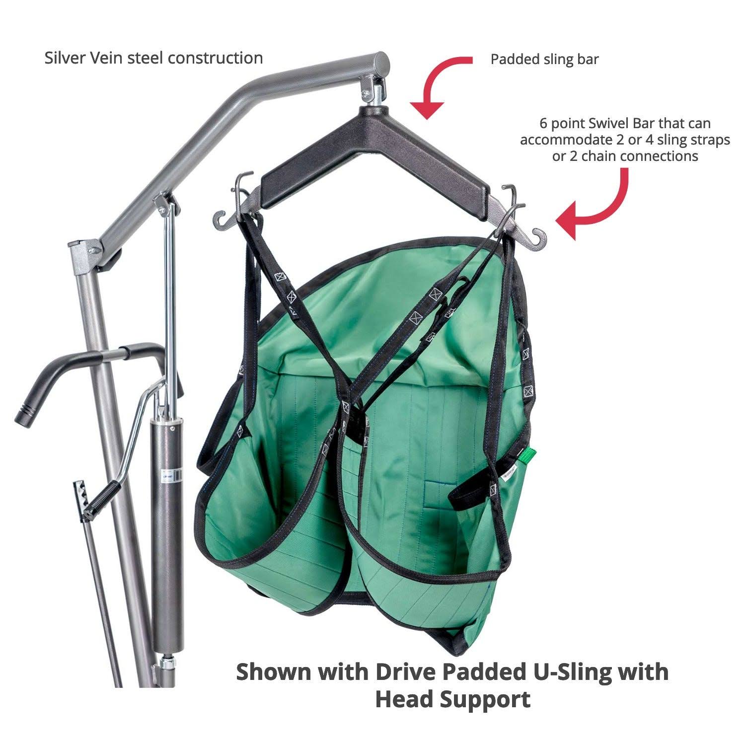 Hydraulic Patient Lift with Six Point Cradle, 5x22 Casters, Silver Vein O72245