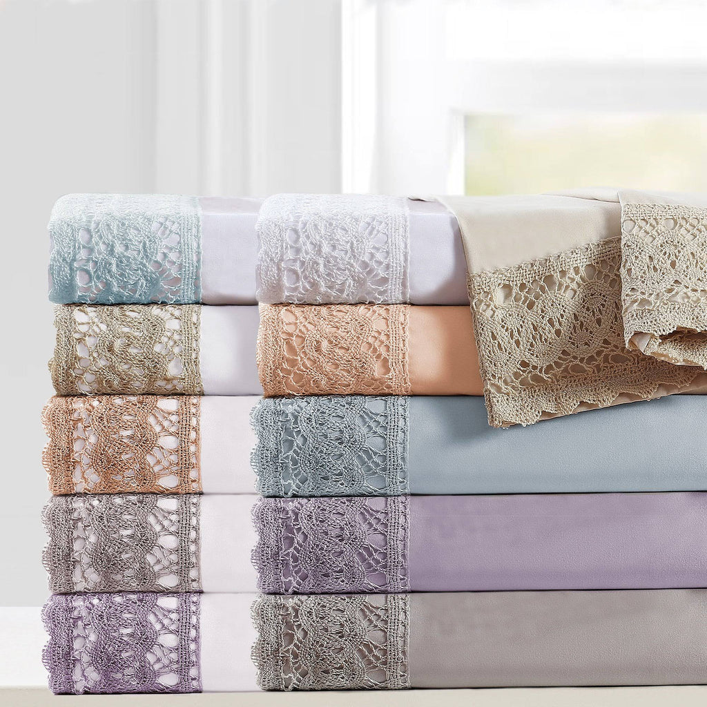 California King Size 4 Piece Sheet Set with Crochet Lace Blue I9927