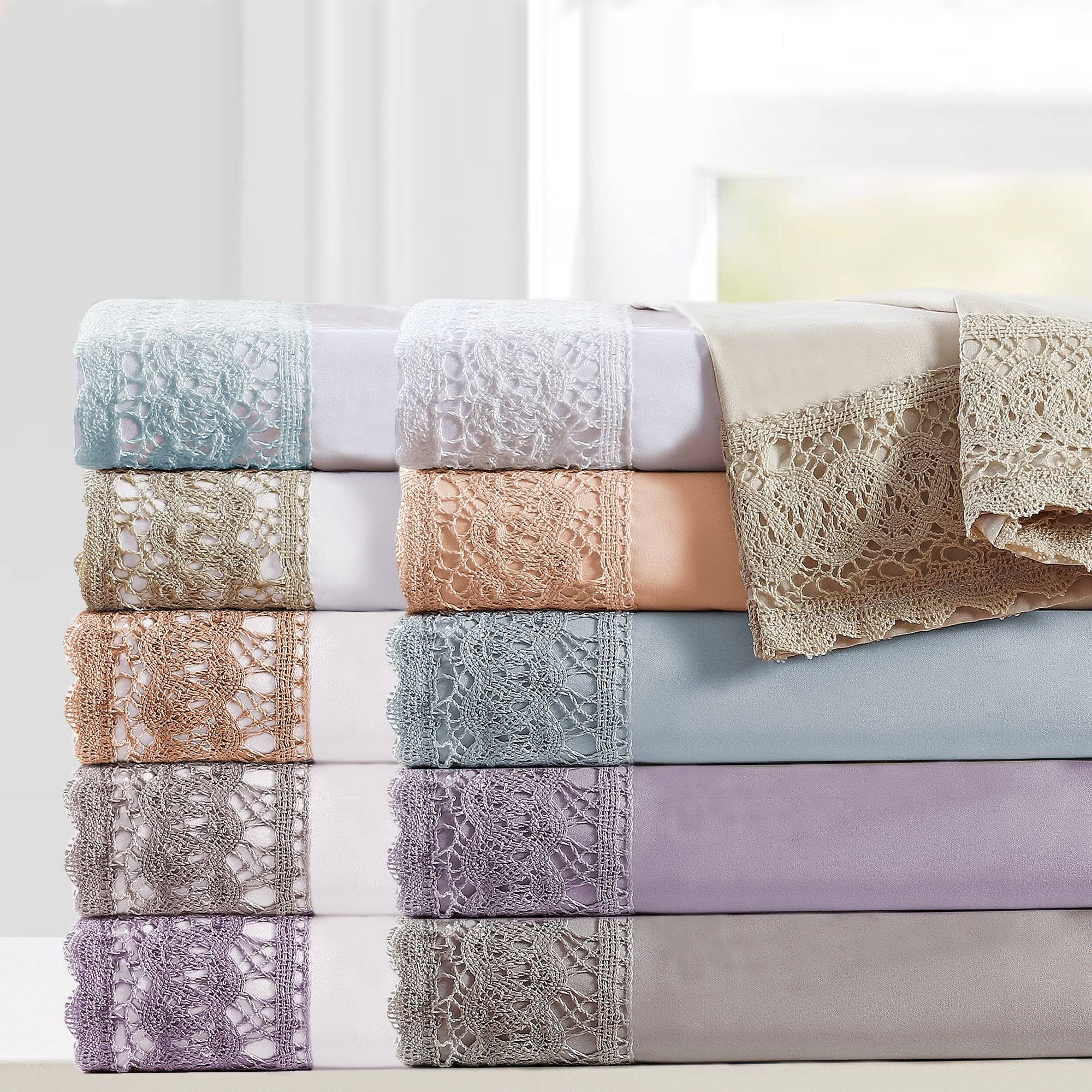 California King Size 4 Piece Sheet Set with Crochet Lace Blue I9927