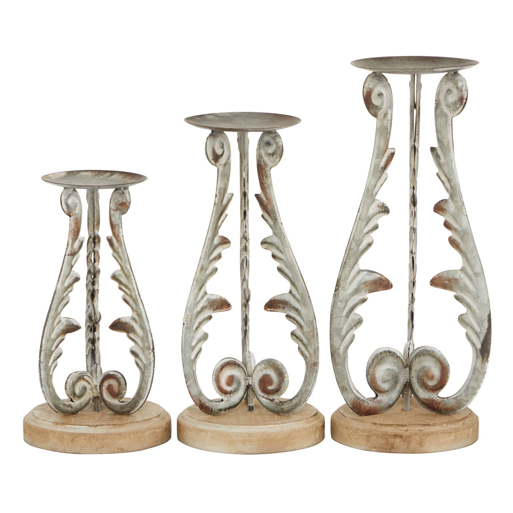 Distressed Silver Metal and Wood Set of 3 Candle Holders A63741