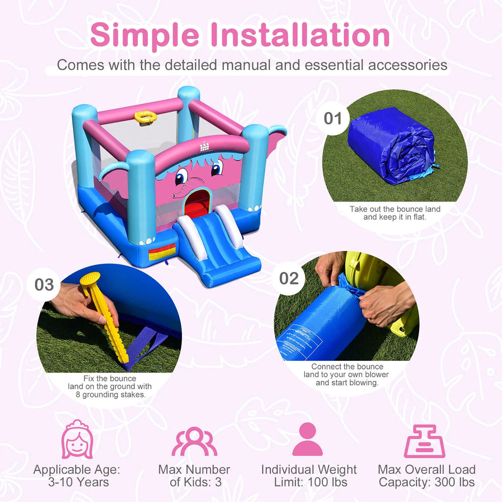 Inflatable Bounce House 3-in-1 Elephant Theme Castle with 550W Blower N3704