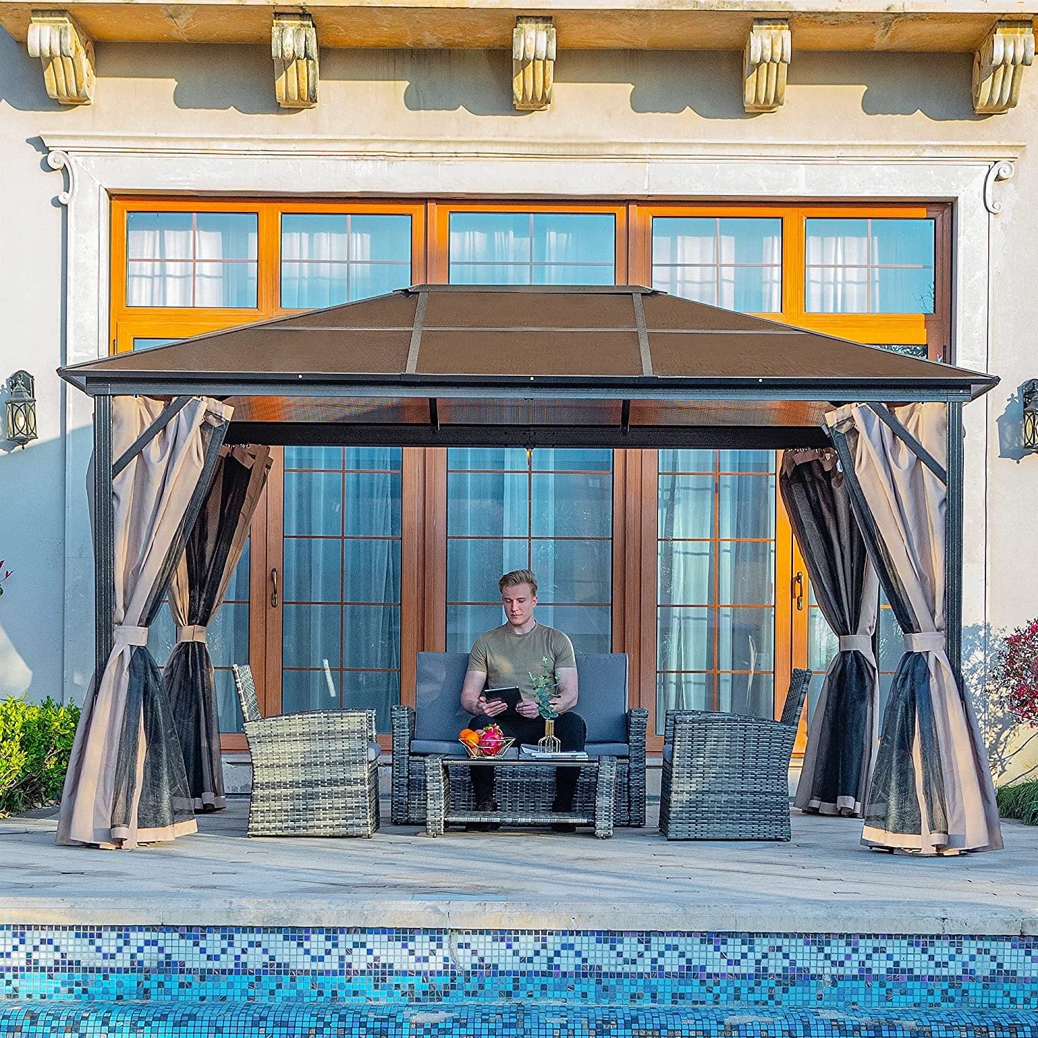 10x12 ft Hardtop Gazebo with Netting and Shaded Curtains, Aluminum Frame Polycarbonate V30078