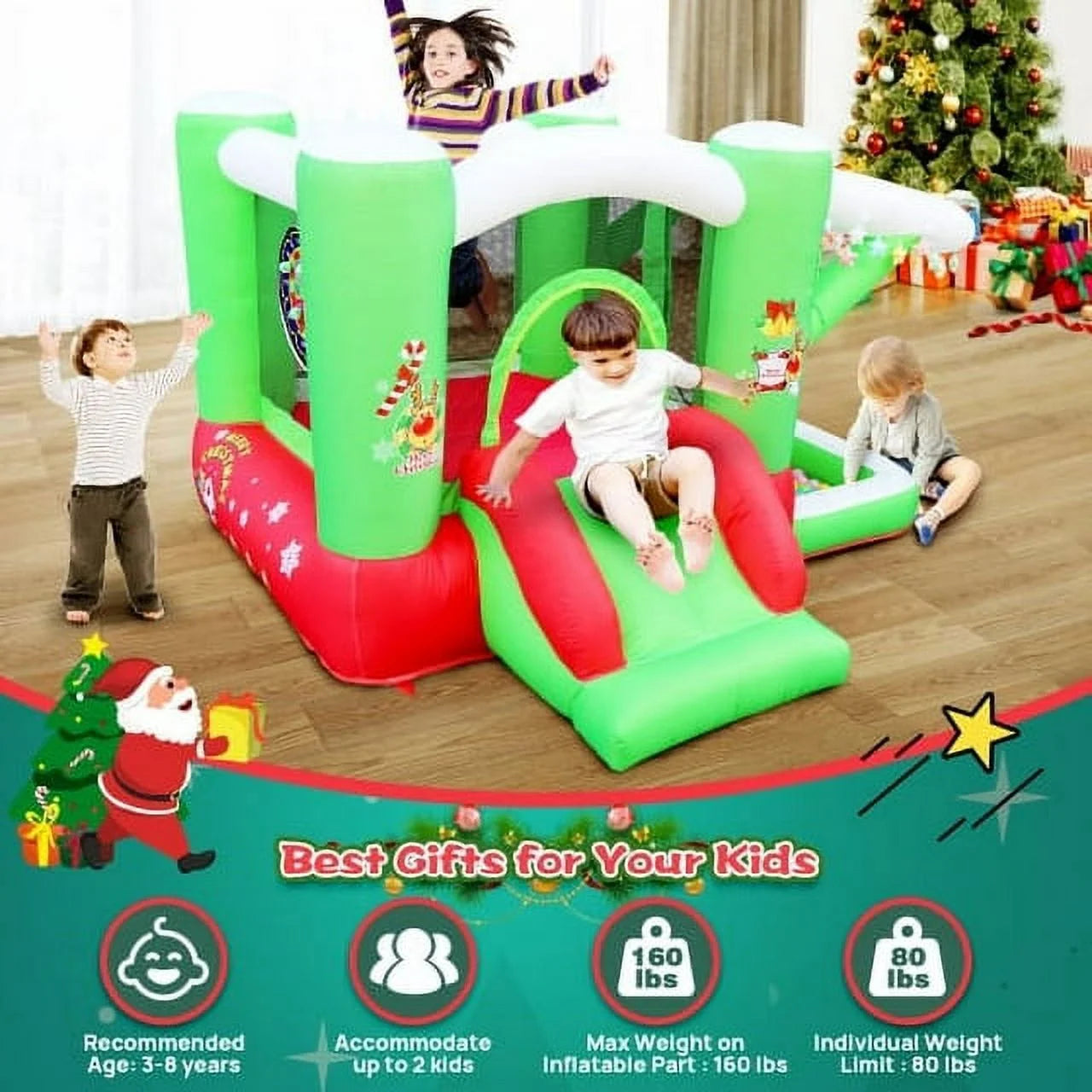 Christmas Jump 'n Slide Inflatable Bouncer with Blower, 80" x 91" Play Area, 55" Tall F2787