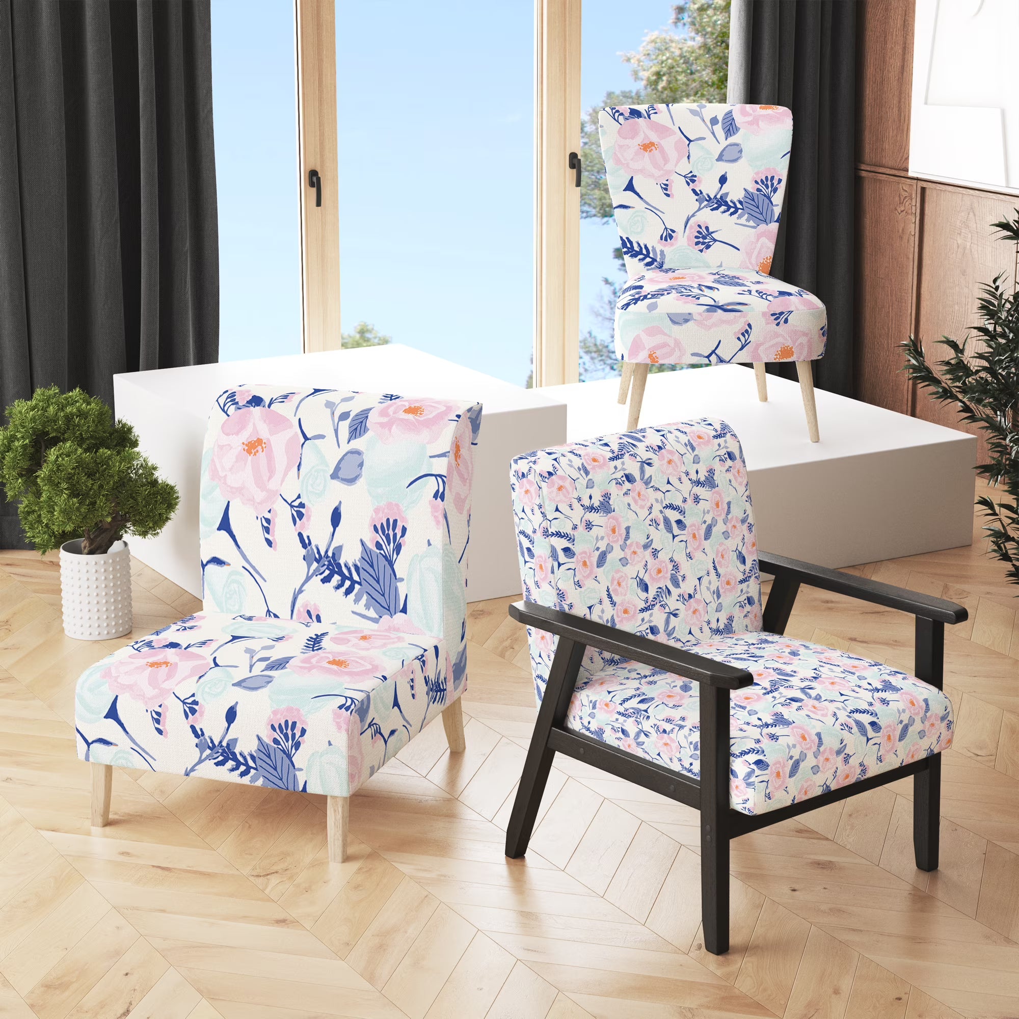 Vintage Flowers Upholstered Accent Chair and Arm Chair W88937
