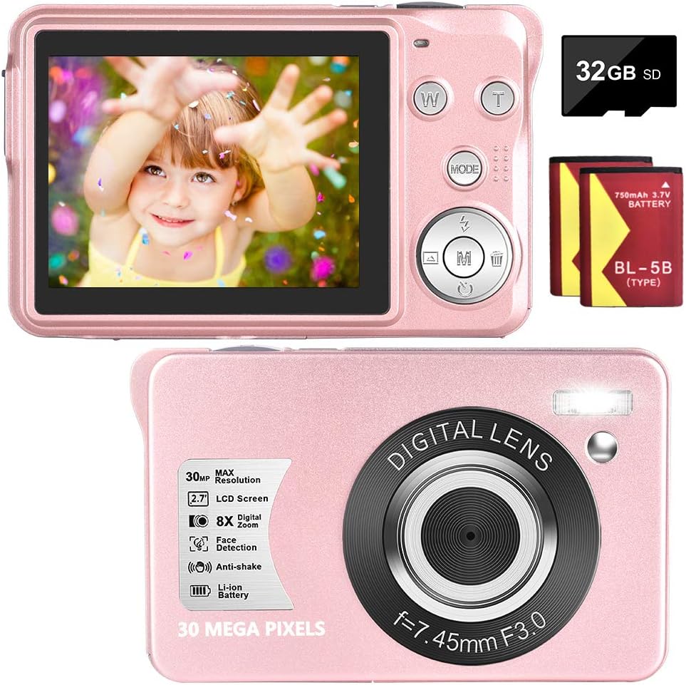 Compact 30MP 1080P Digital Camera with 32GB SD Card and 2 Batteries G4879