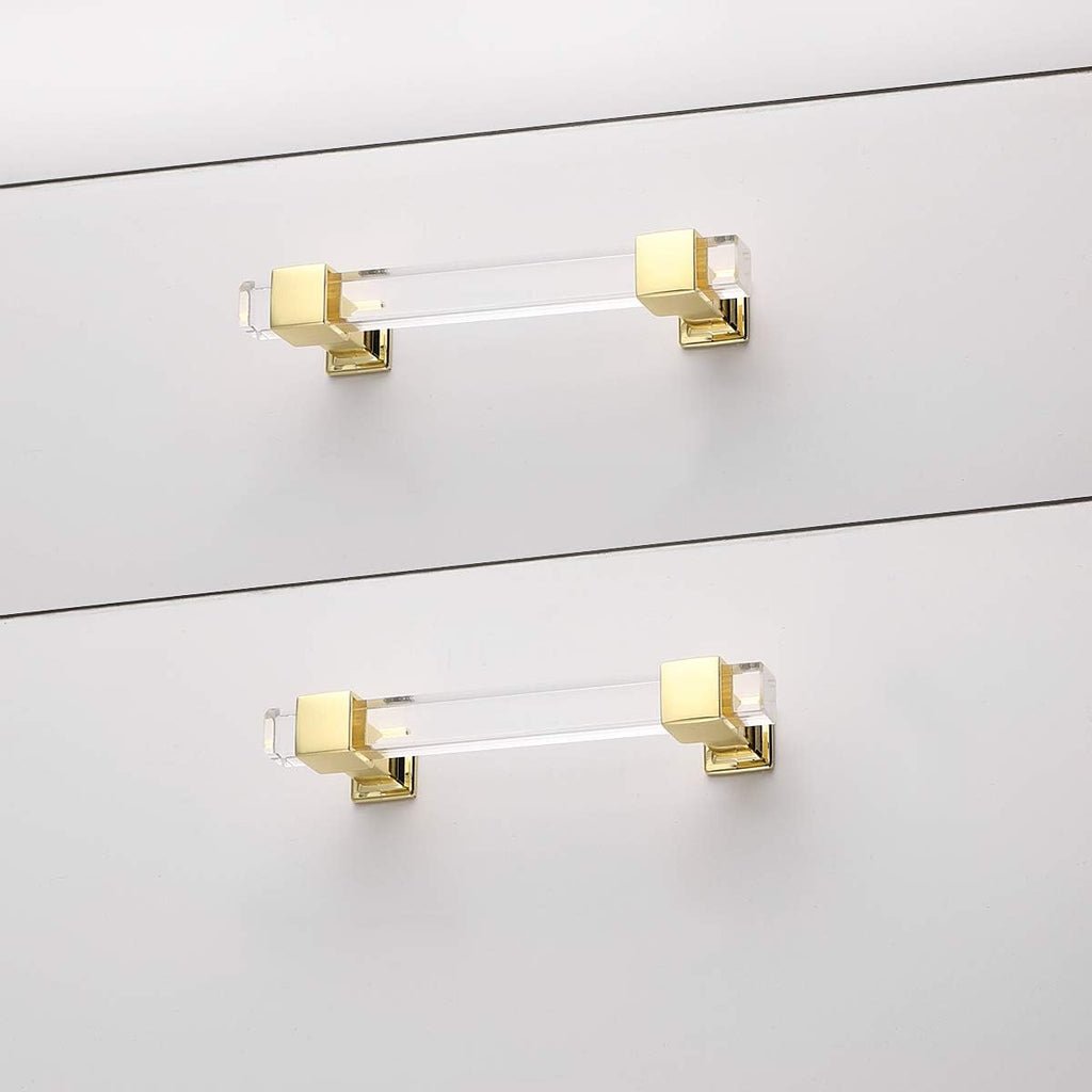 25 Pack 4 Inch Hole Center Gold Cabinet Handles with Square Acrylic Tube and Zinc Alloy Base K1919