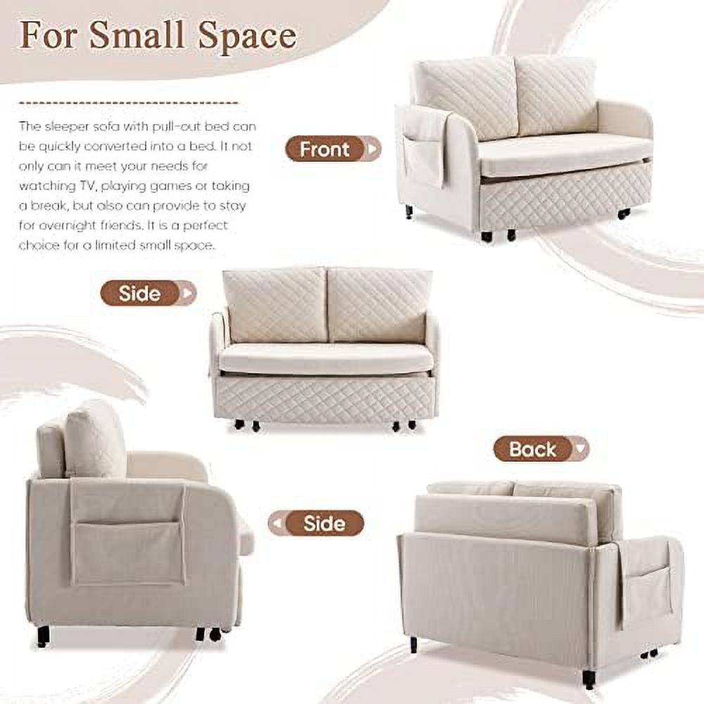 Sleeper Sofa Bed 46-inch Linen Loveseat Couch with Pull-Out Bed N9699