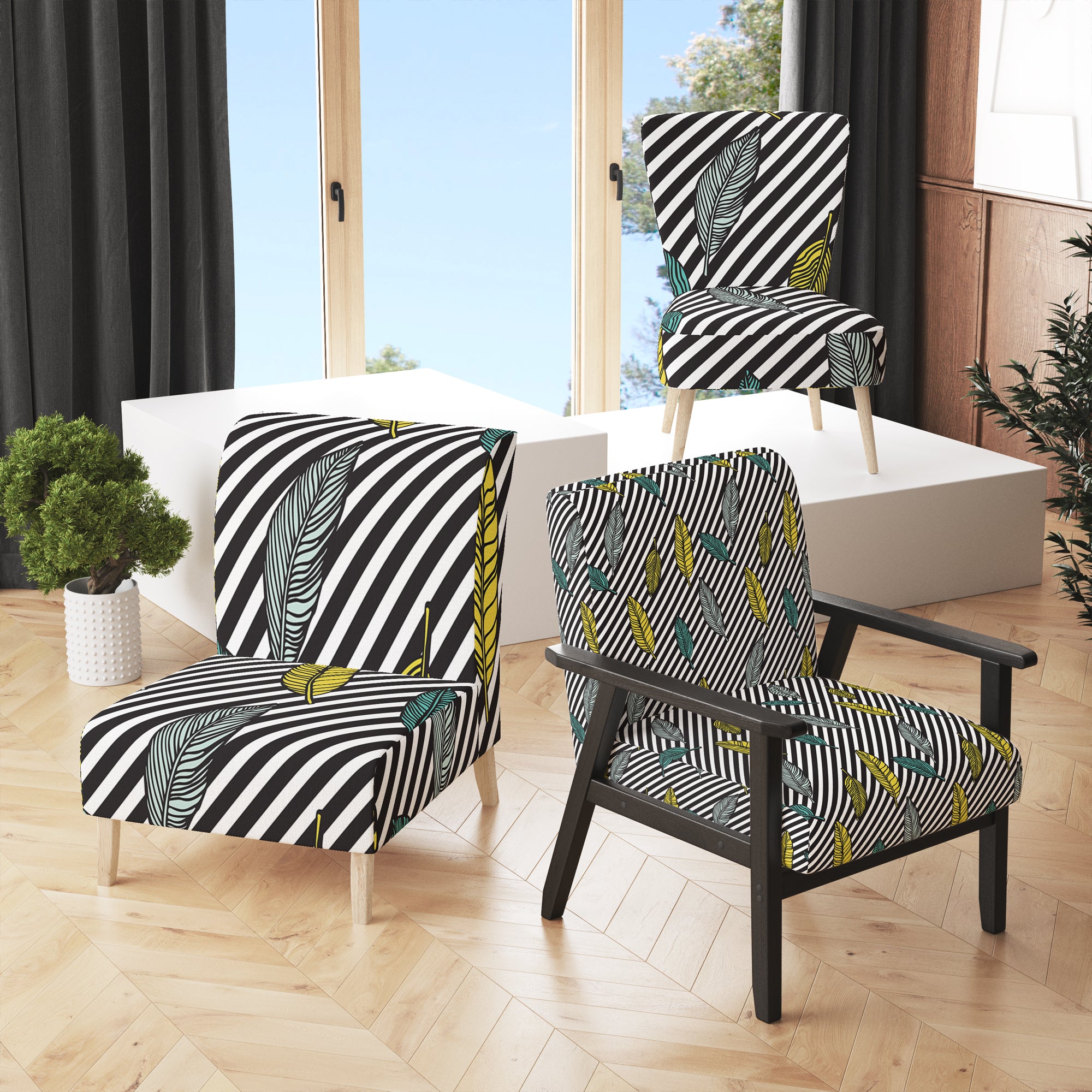 Black and Yellow Tropical Floral Upholstered Accent Chair D404