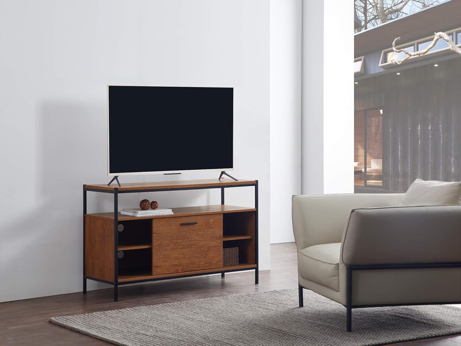 Oak Brown 48 Sliding Barn Door TV Media Stand with Storage Shelves C373807
