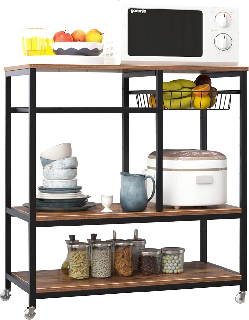Rustic Brown Rolling Kitchen Baker's Rack Utility Storage Shelf Cart Microwave Stand Z205