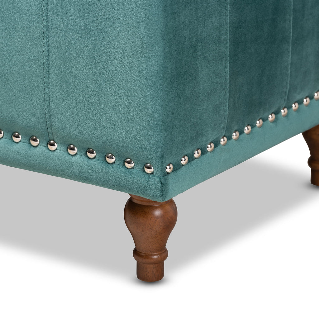 Teal Blue Velvet Button-Tufted Storage Ottoman Bench U5758
