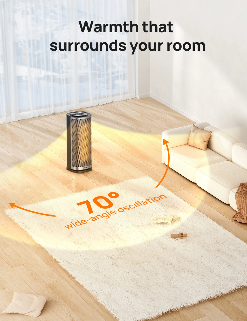 1500W Ceramic Electric Portable Heater with Thermostat, 70° Oscillating, Remote, 12H Timer T487376