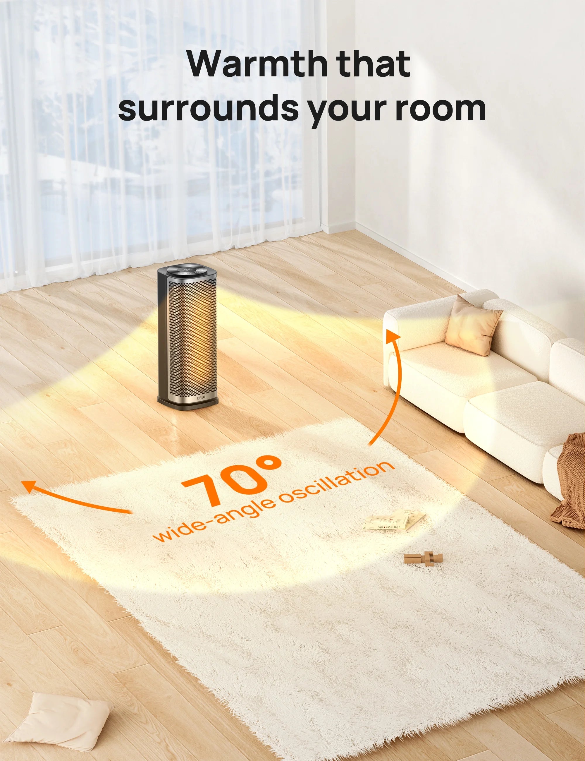 1500W Ceramic Electric Portable Heater with Thermostat, 70° Oscillating, Remote, 12H Timer T487376