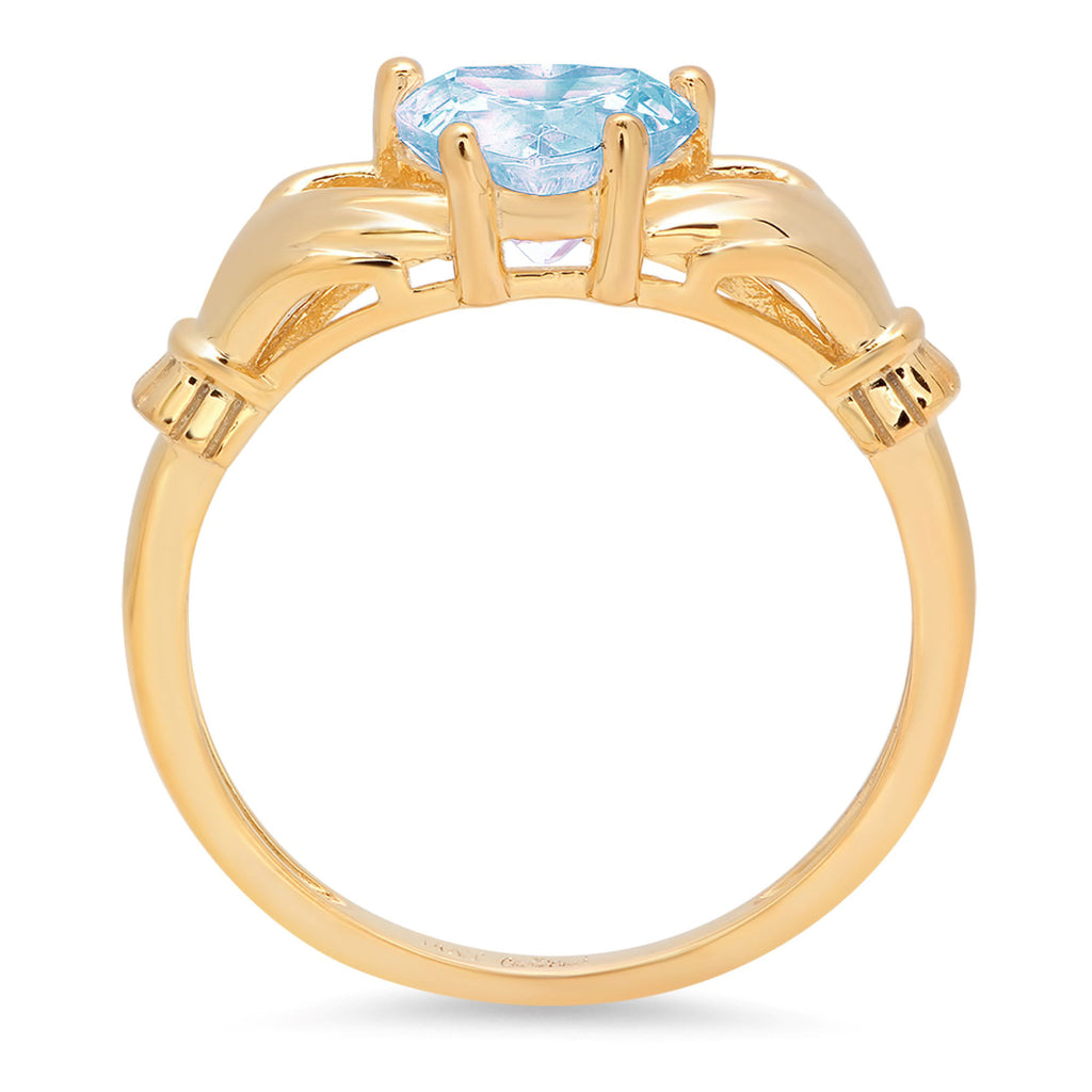 1.06ct Heart Cut Natural Sky Blue Topaz 14k Yellow Gold Claddagh Ring Size 7.25 E991
