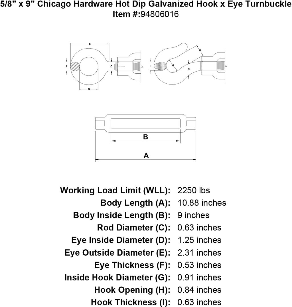 5/8 x 9 Hot Dip Galvanized Hook x Eye Turnbuckle E8945