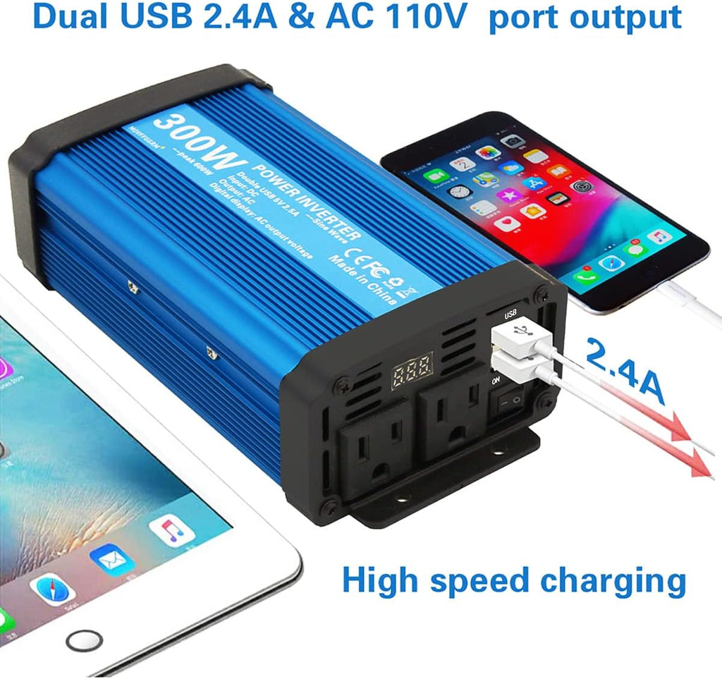 500W Pure Sine Wave Power Inverter DC 12V to 110V AC with 2.4A USB Car Charger Adapter I28296