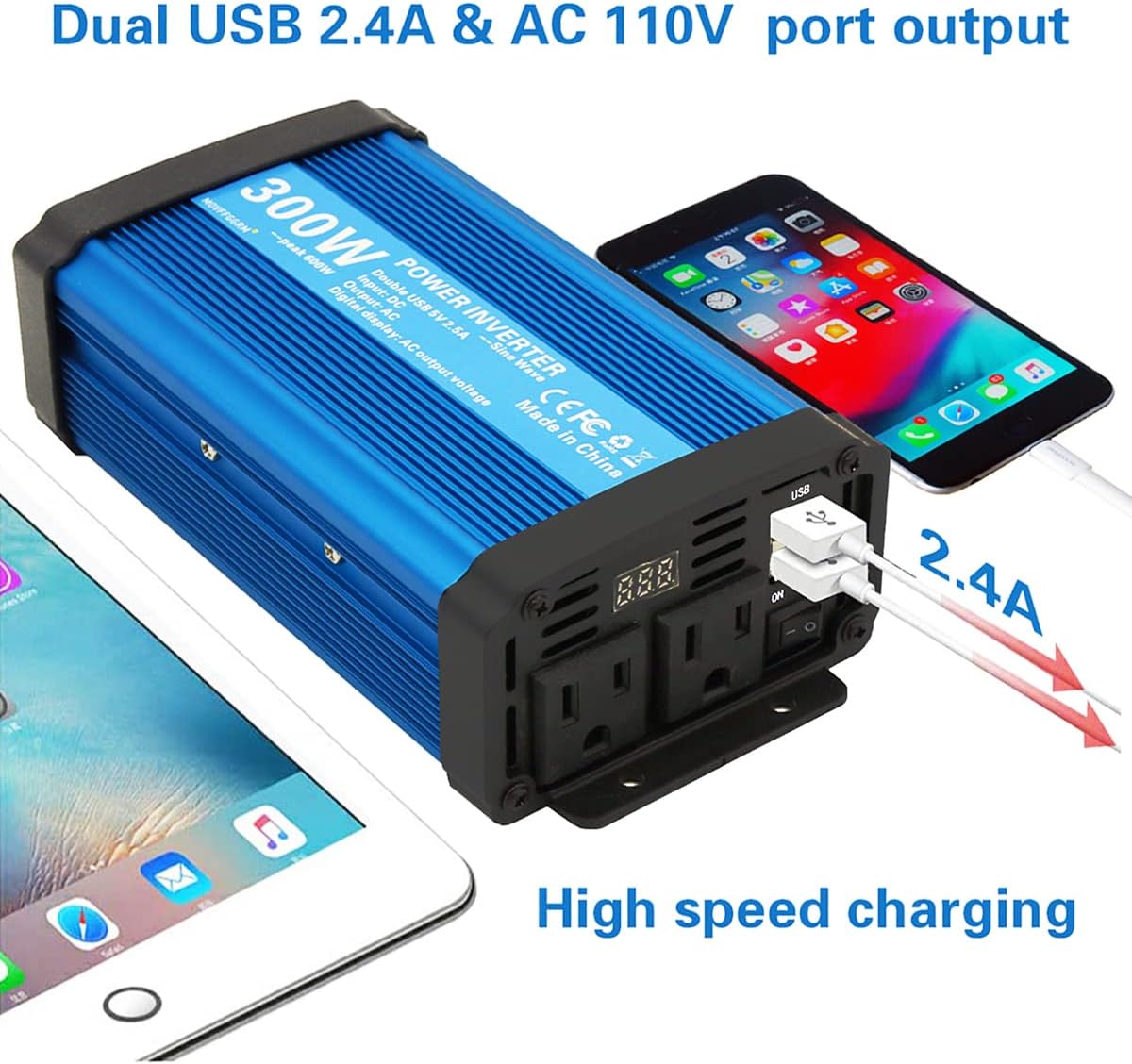 500W Pure Sine Wave Power Inverter DC 12V to 110V AC with 2.4A USB Car Charger Adapter I28296