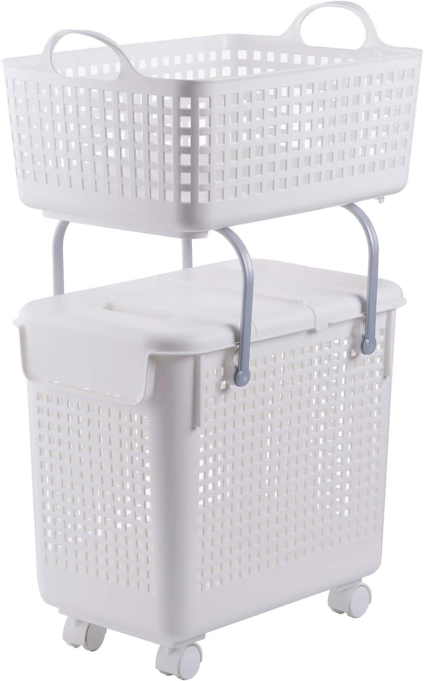 White 2-in-1 Laundry Hamper and Basket Set with Lid and Wheels J36555