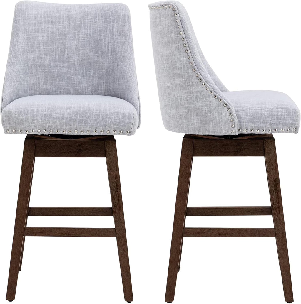 27 inch Swivel Barstools with Wood Legs Linen Fabric Upholstered Grey A174