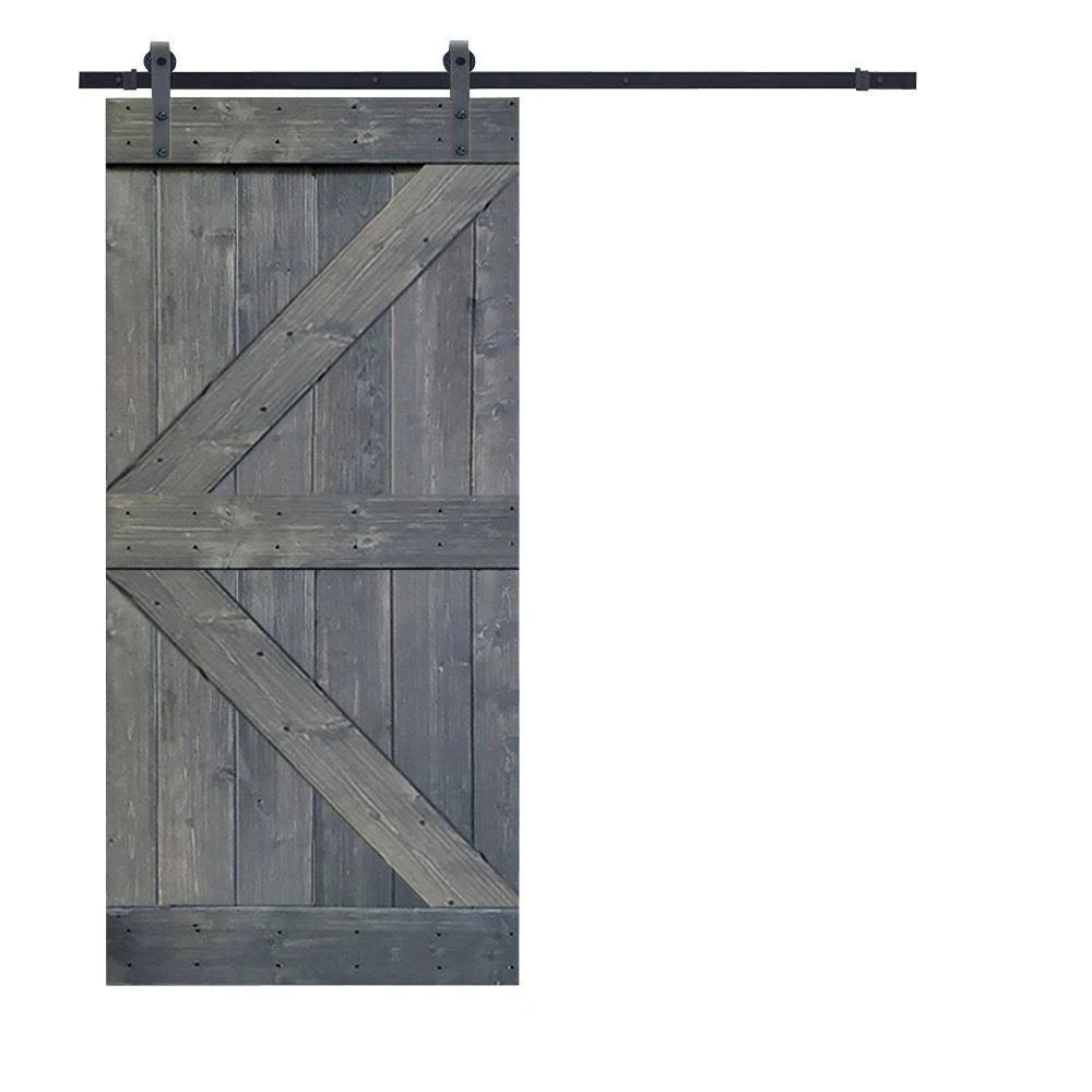 Gray Knotty Pine Wood Interior Sliding Barn Door with Hardware Kit K7938