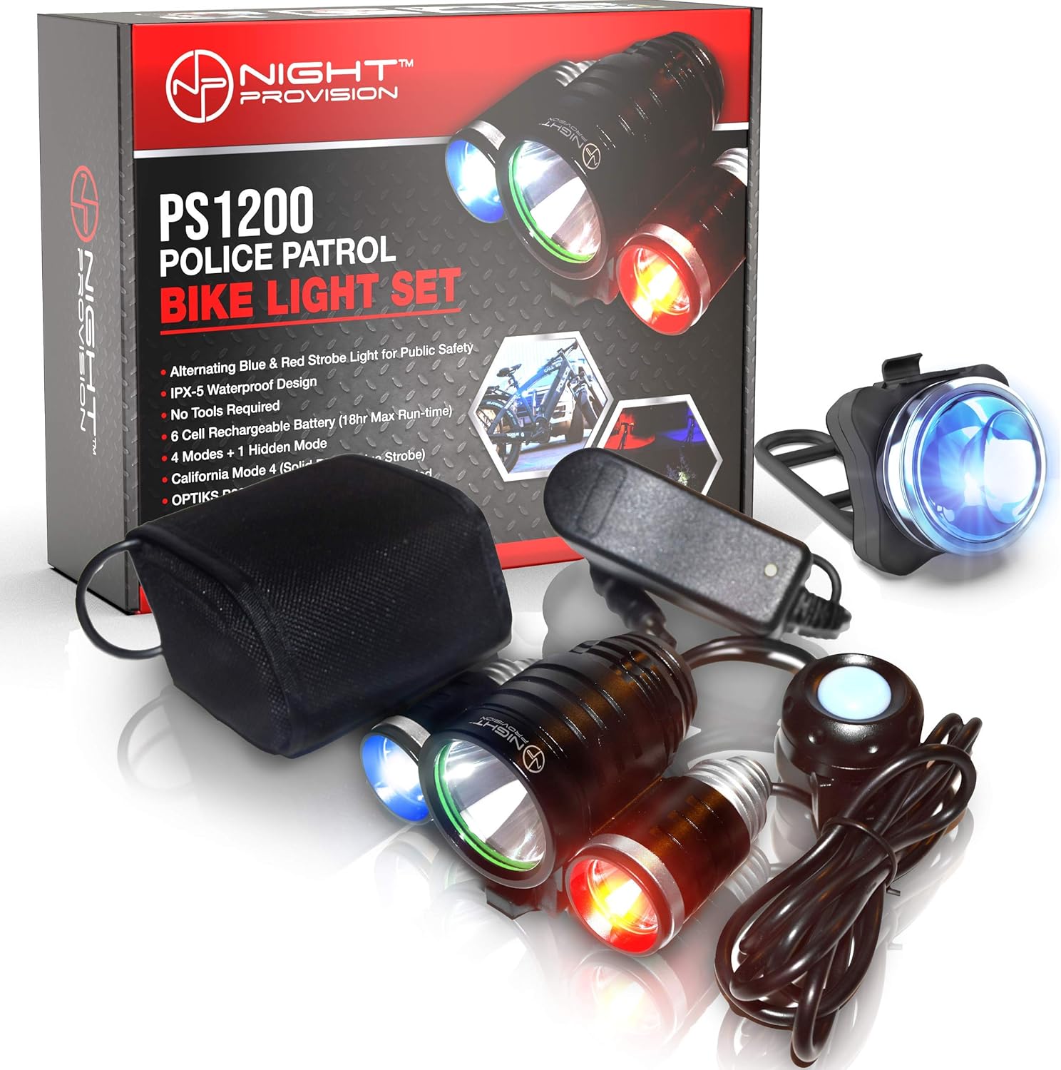Police Patrol Bike Light - Red/Blue Strobe LED - Rechargeable - Water Proof - 5 Modes W24461