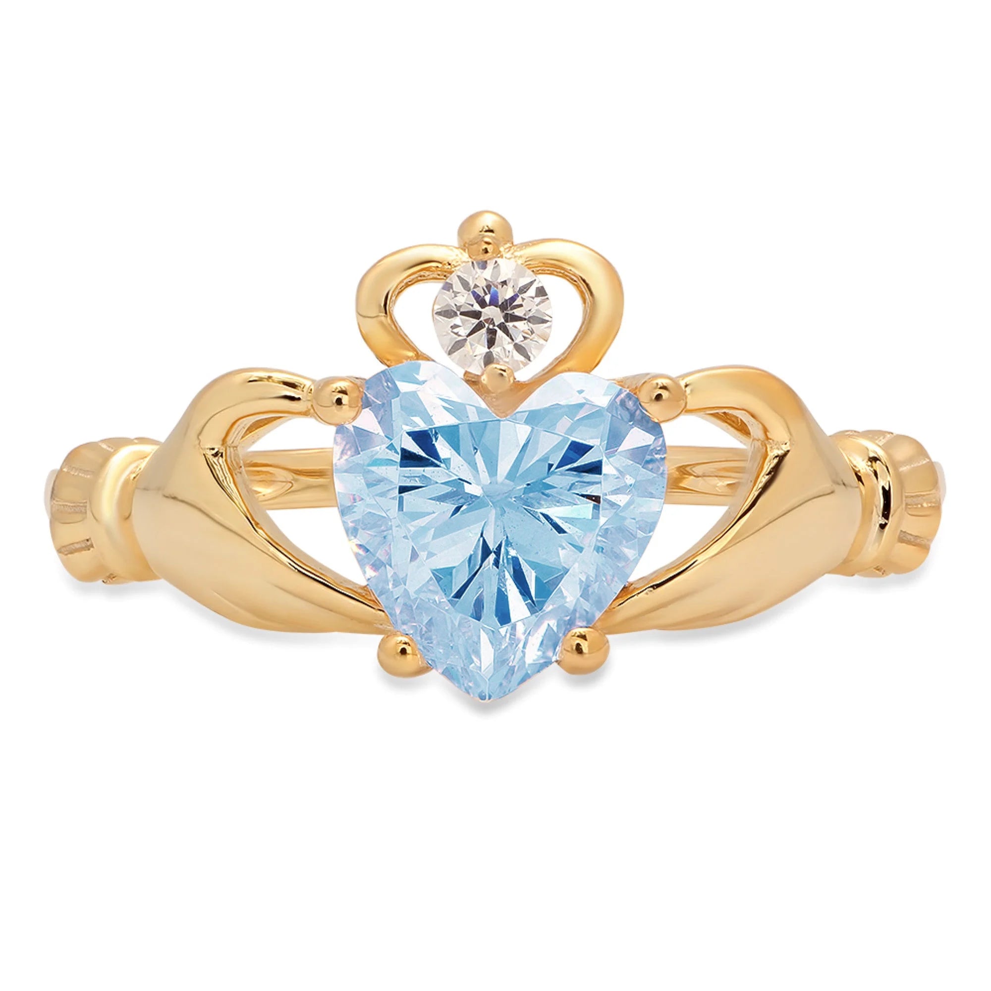 1.06ct Heart Cut Natural Sky Blue Topaz 14k Yellow Gold Claddagh Ring Size 7.25 E991