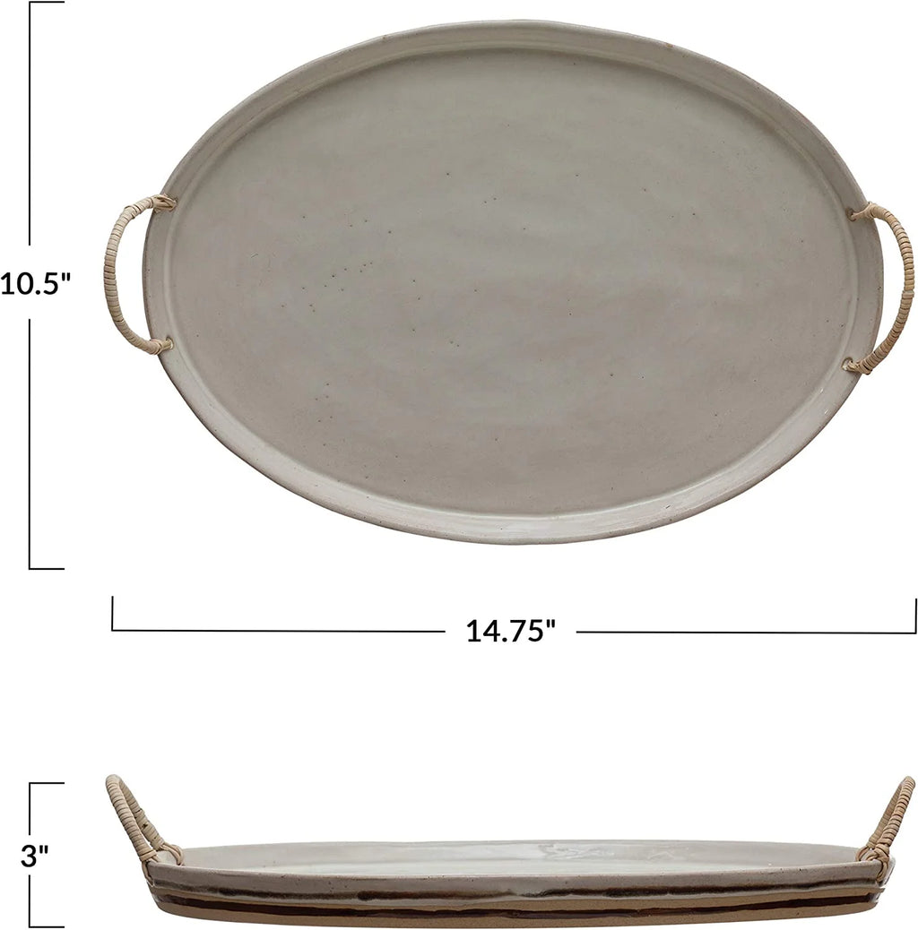 Stoneware Platter with Rattan Wrapped Handles, Reactive Glaze, White & Brown G257170