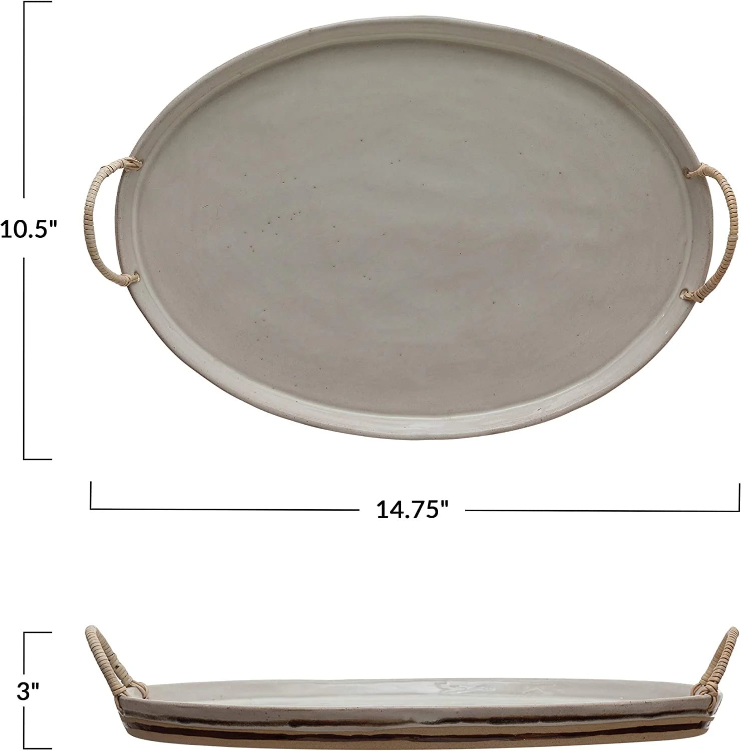 Stoneware Platter with Rattan Wrapped Handles, Reactive Glaze, White & Brown G257170