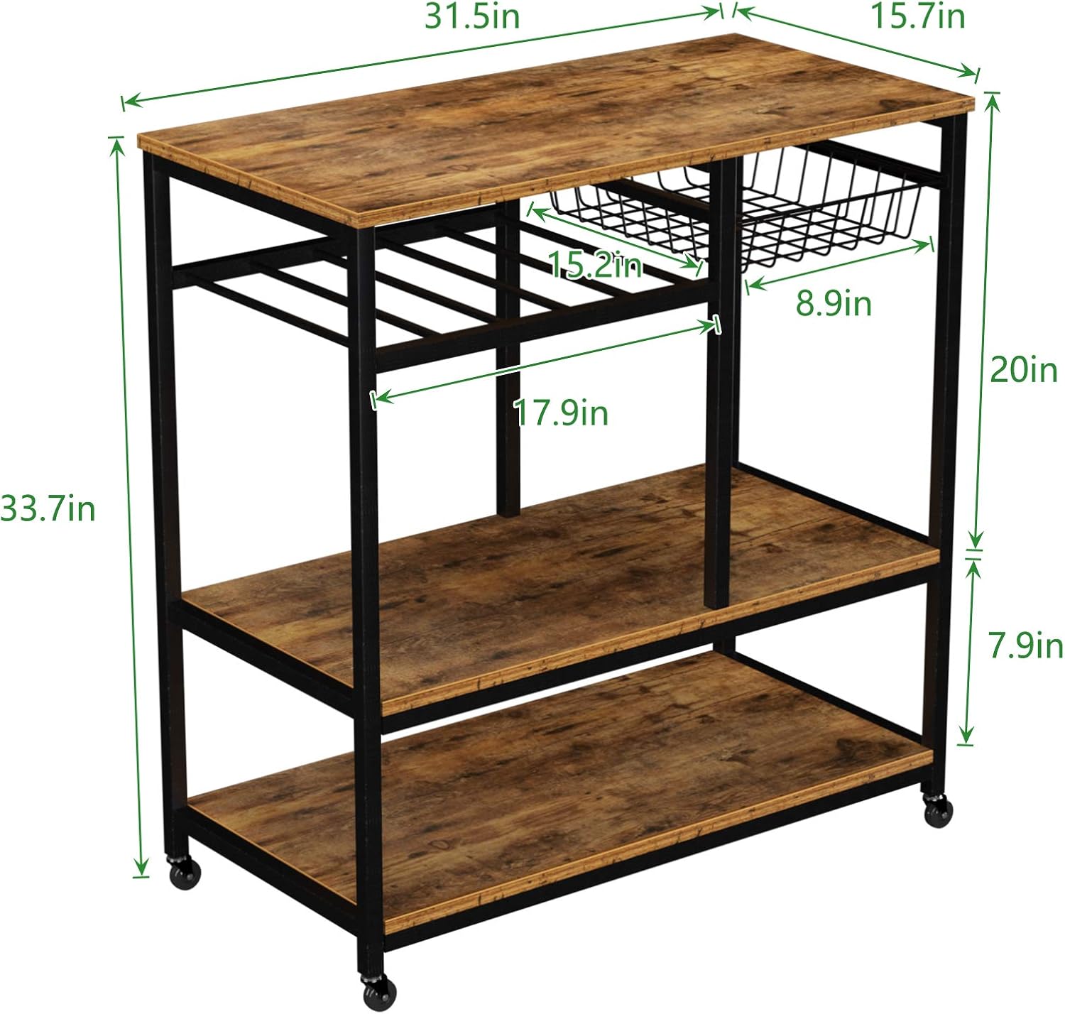 Rustic Brown Rolling Kitchen Baker's Rack Utility Storage Shelf Cart Microwave Stand Z205