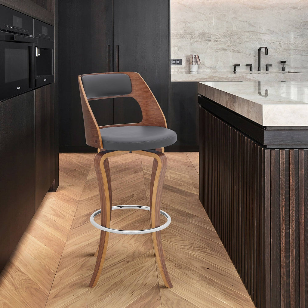 Swivel Gray Faux Leather and Walnut Wood Bar Stool M1568