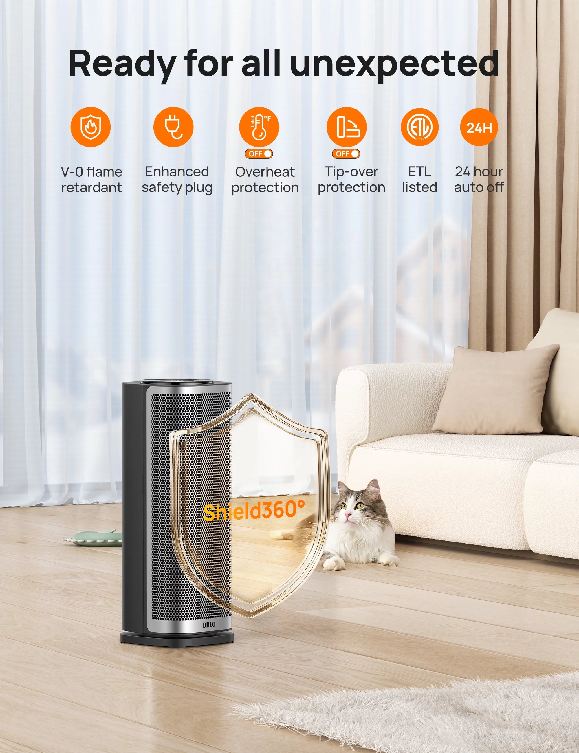 1500W Ceramic Electric Portable Heater with Thermostat, 70° Oscillating, Remote, 12H Timer T487376